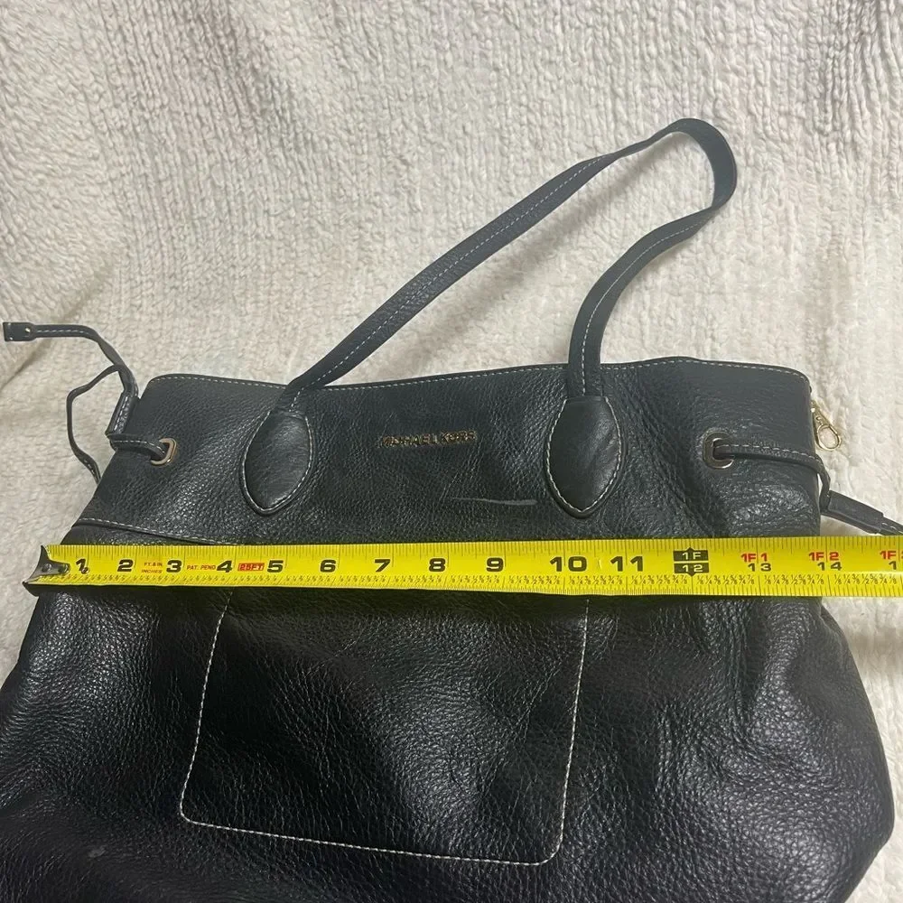 Michael Kors Black Leather Shoulder Bag with side drawstring gold tone hardwares